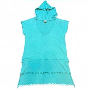 Jaded Gypsy Turquoise/Green Distressed hoodie mini-dress/Tunic boho vibe, L/XL